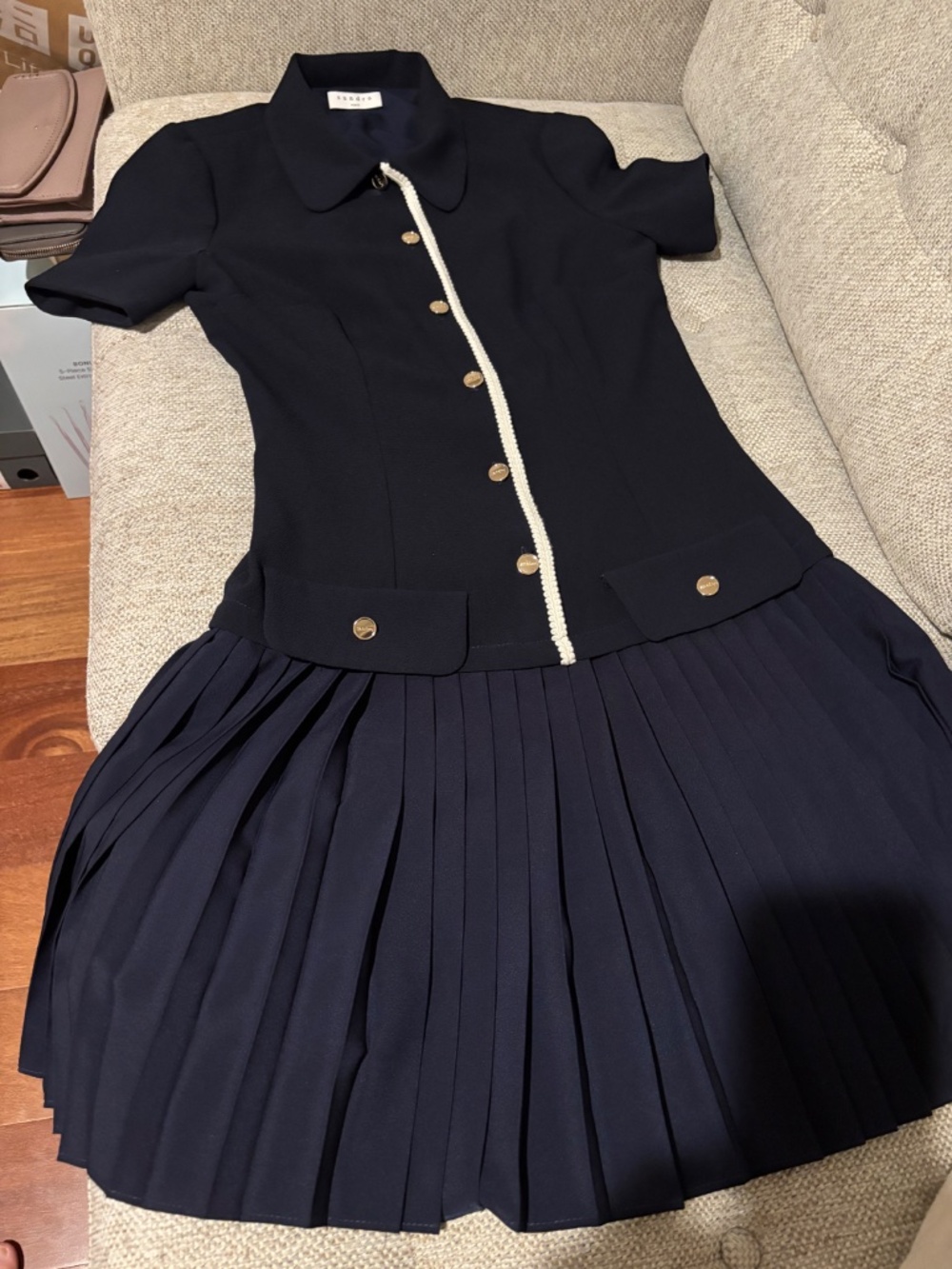 Sandro Black Midi Dress with Gold Buttons and Ivory Braid Trim - Picture 3 of 6